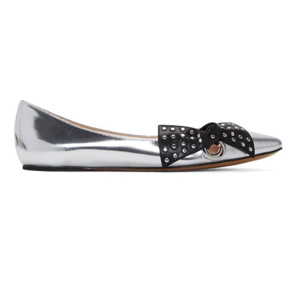 Marc Jacobs Shoes - Marc Jacobs Metallic Silver Rita Black Studded Bow Ballerina Flats